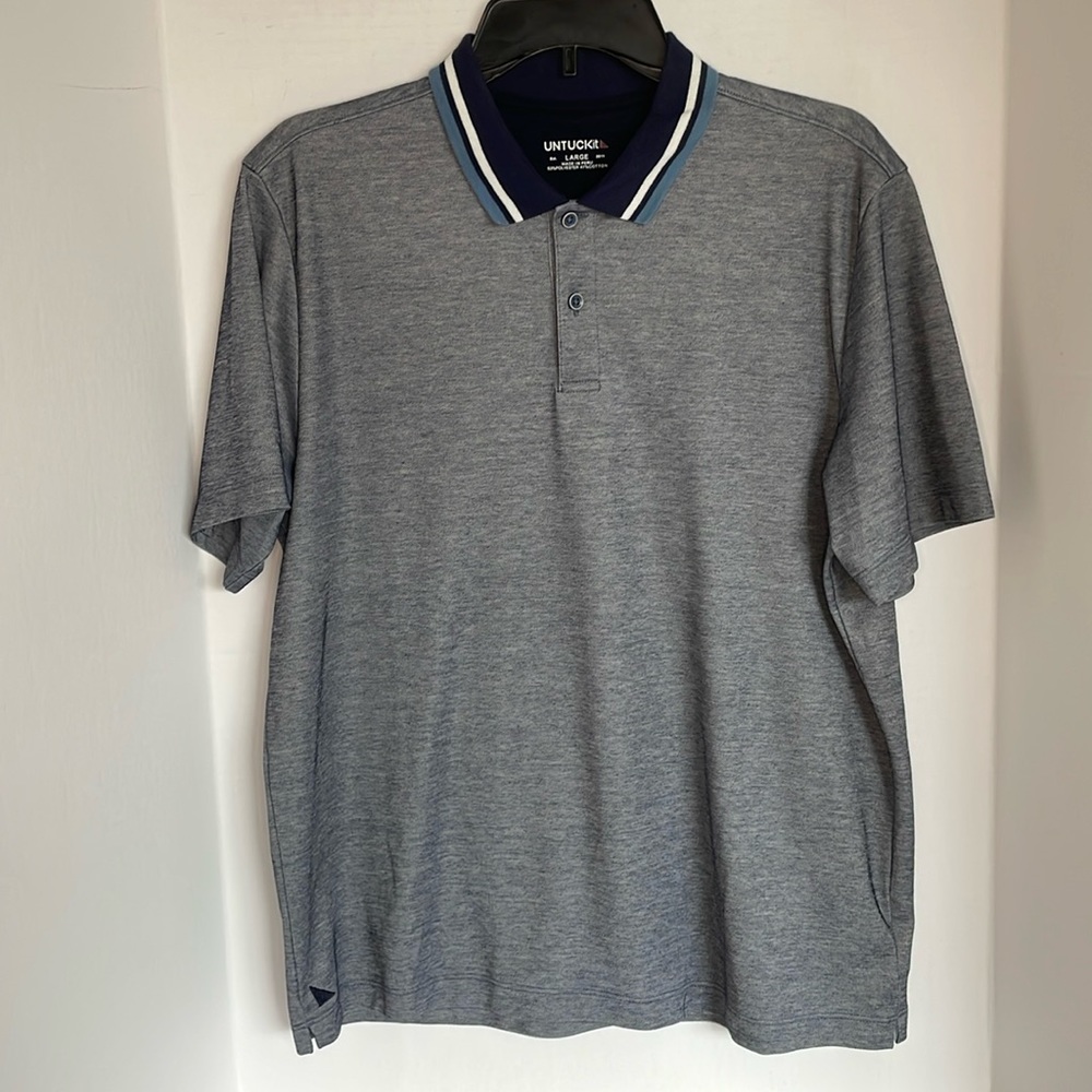 UNTUCK it  Men’s blue polo shirt with striped collar size Men’s Large